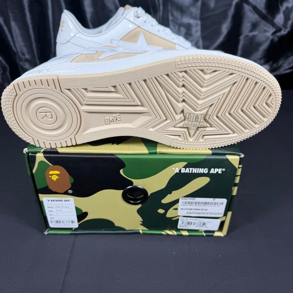 A Bathing Ape BAPE STA Beige White Patent Leather Sneakers 1K80191306 Mens 9 NEW
